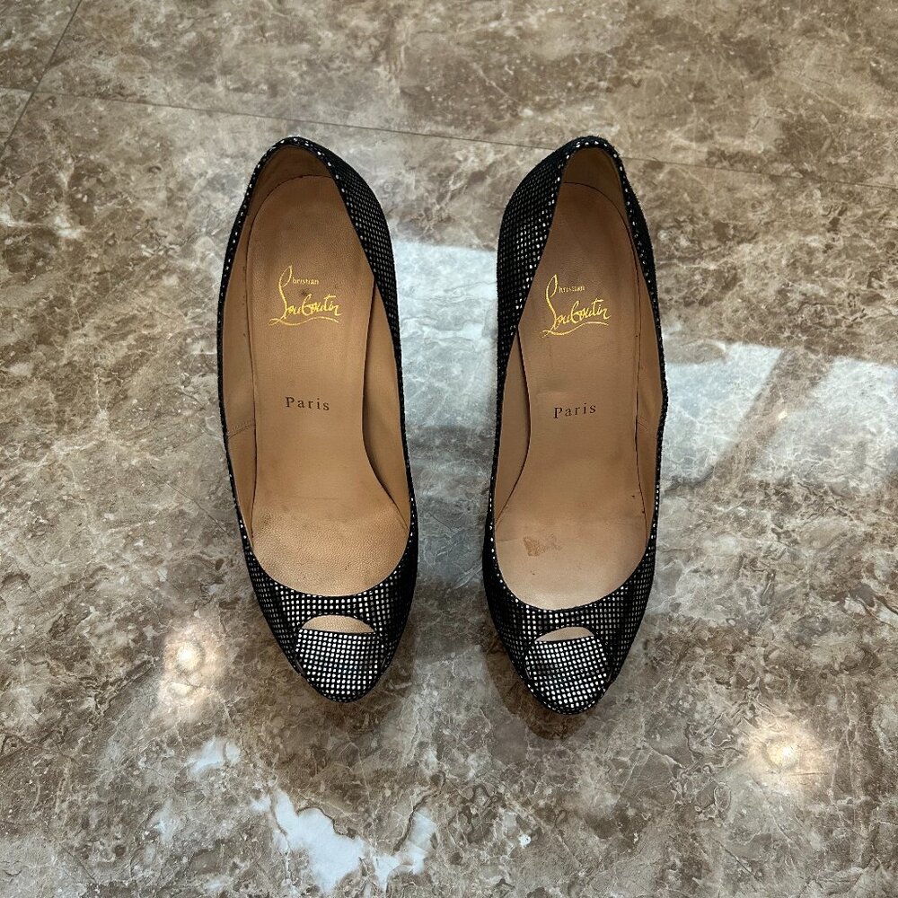 Louboutin open toe platform silver heels